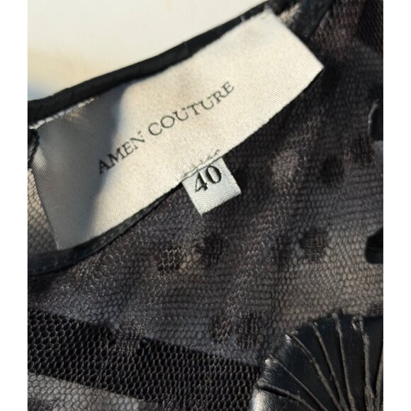 Amen Couture Black Leather Appliqué Sheer Mini Dress Sample Size 40 US 4 - Picture 8 of 16